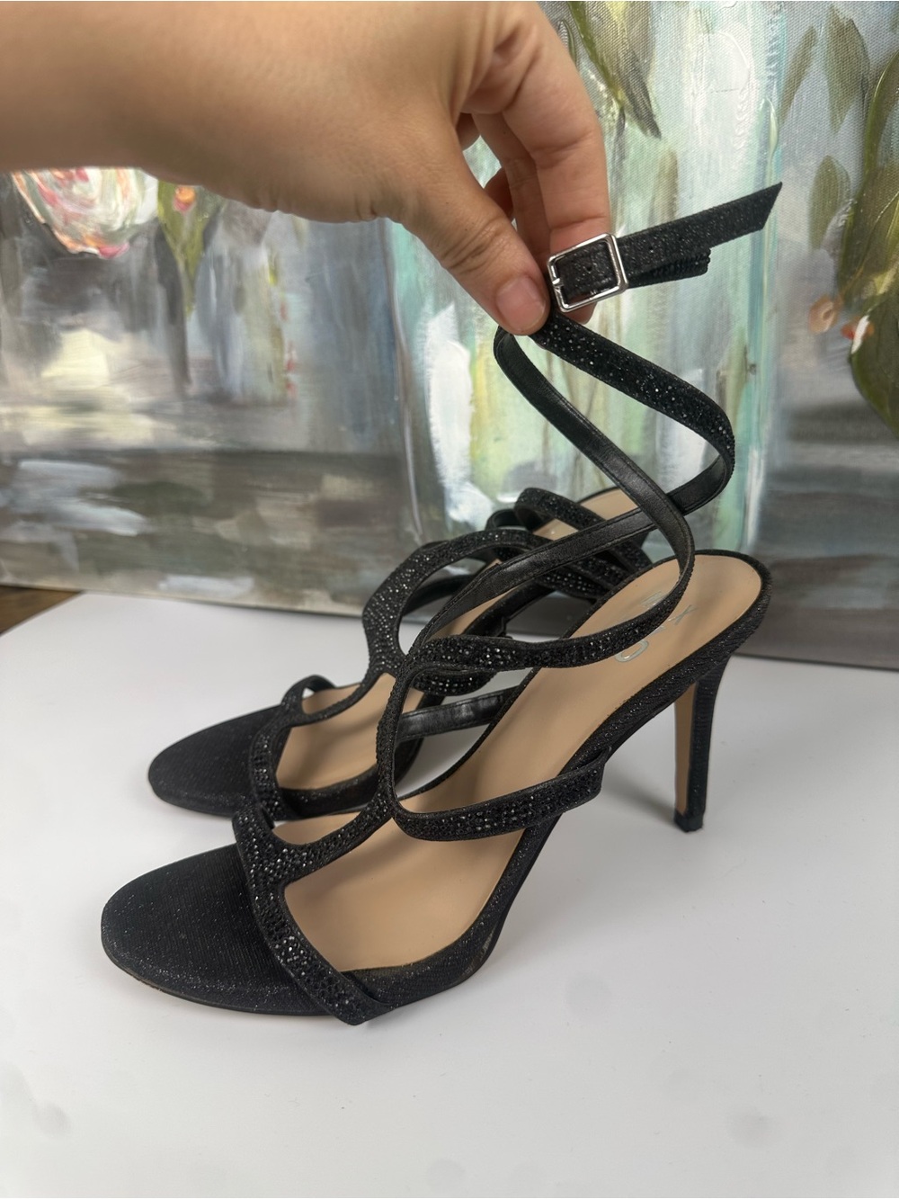 Mix No. 6 Black Glitter Strappy Stiletto Heels